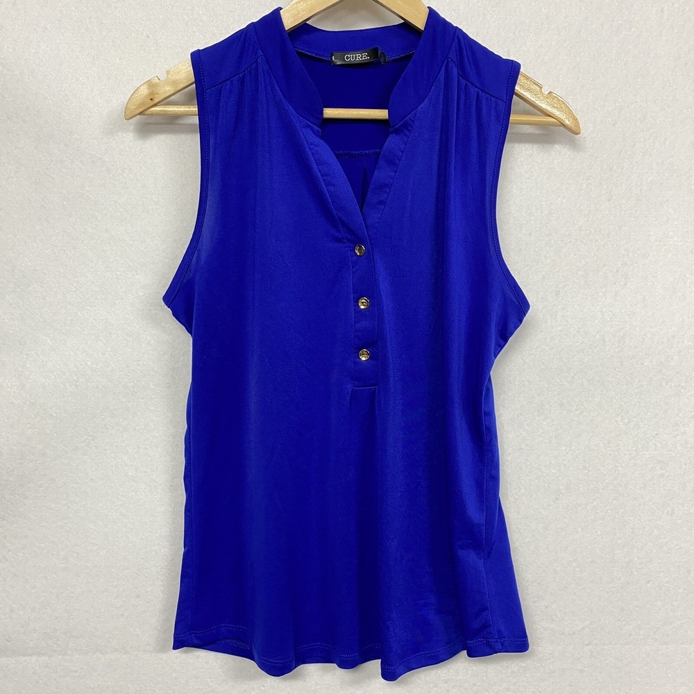 CURE Womens S Sleeveless Blouse Blue Gold Button Office Career Tank Top